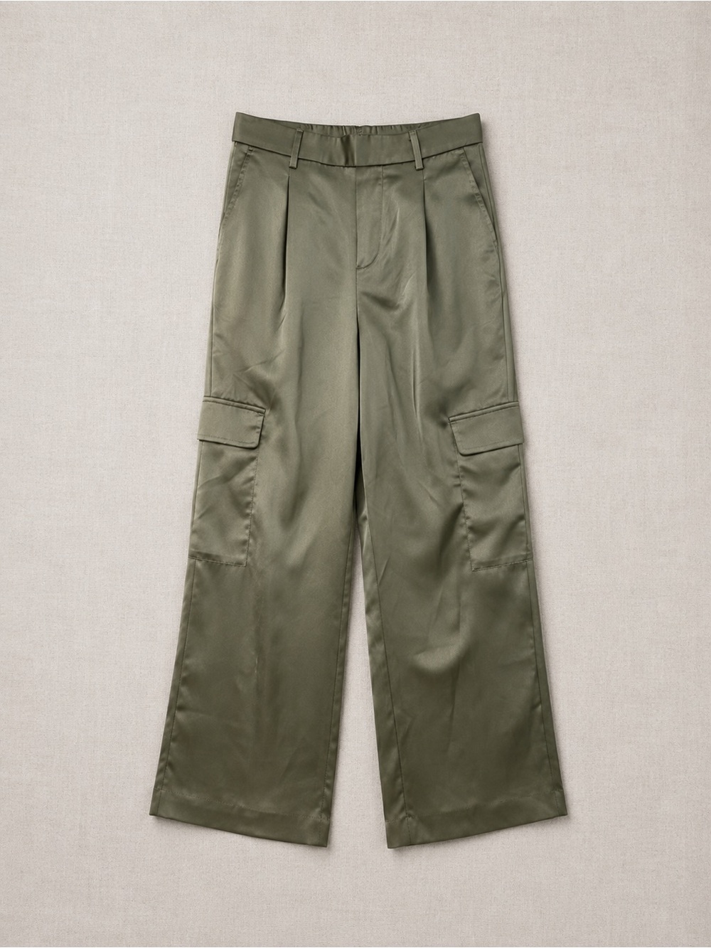 Sans Souci Olive Green Satin Cargo Wide-Leg Pants